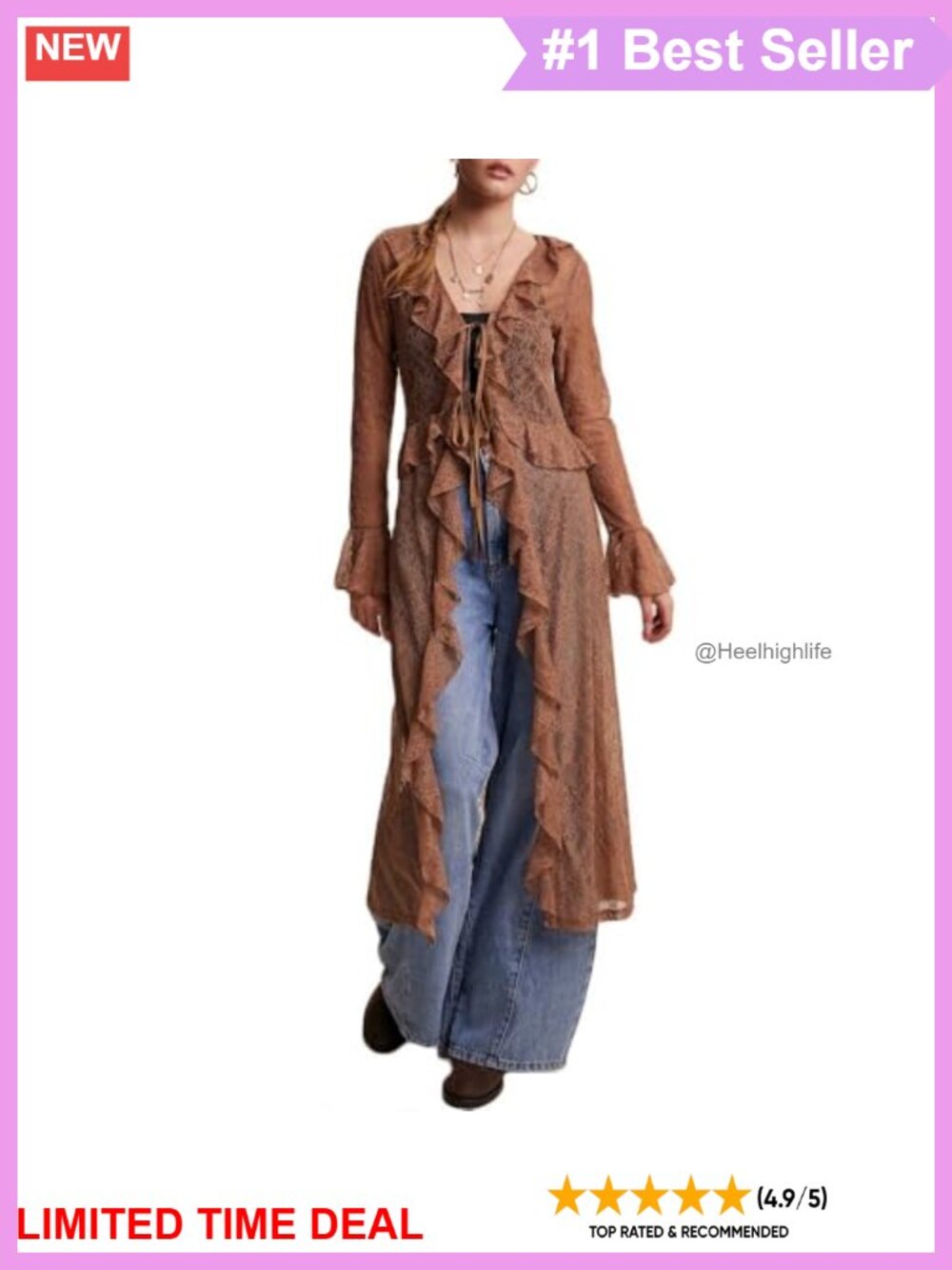 Sheer Mesh Tie Front Maxi Top Ruffled Long Sleeve Cardigan Cover Up